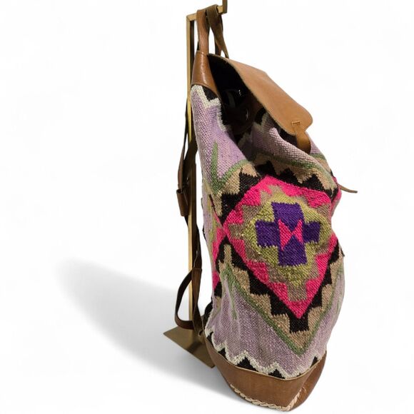 Vintage Handmade Ecuador 100% Wool Colorful Kilim Rug Hike Travel Backpack 19\